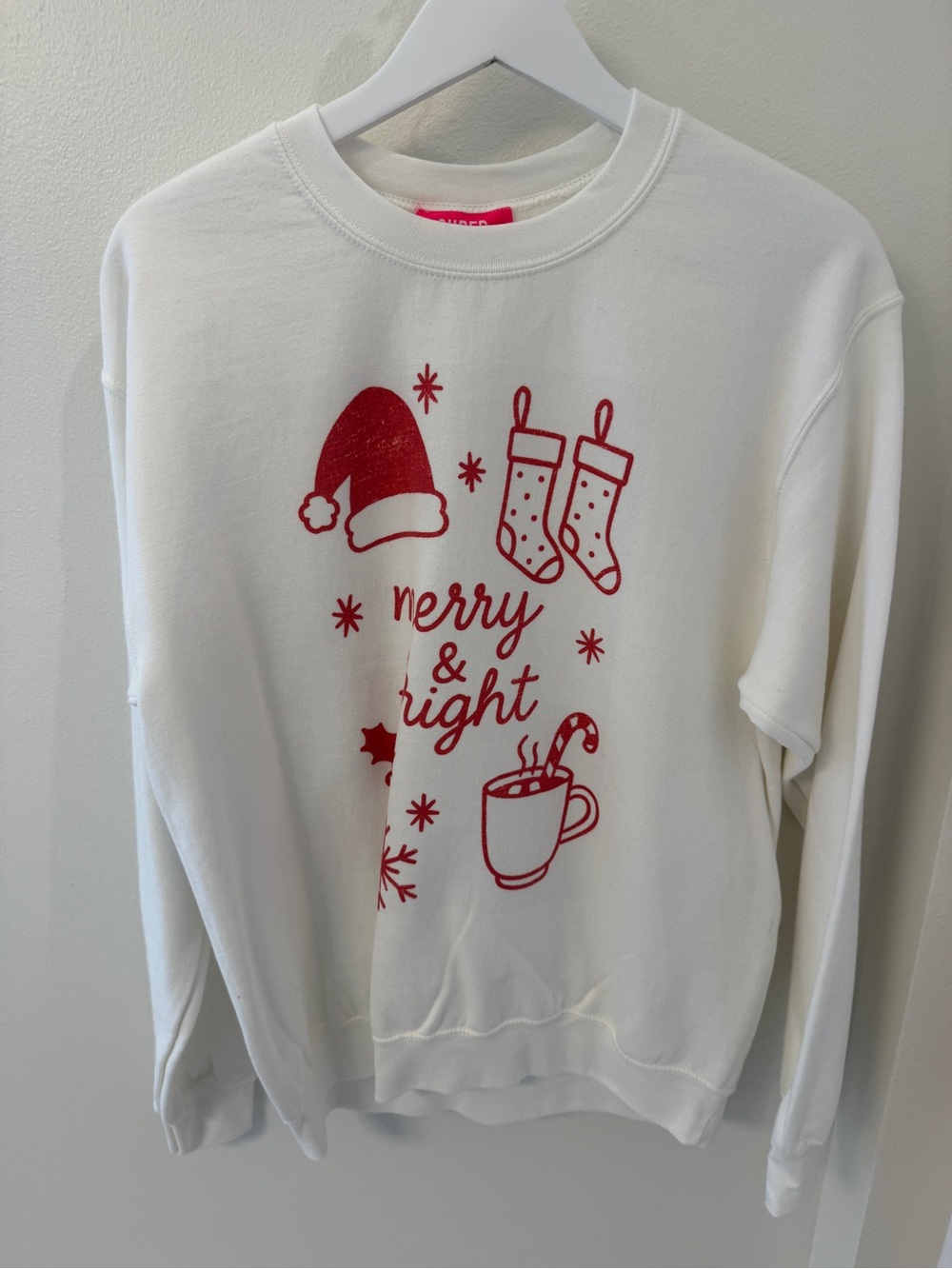 Women’s White Crewneck Sweatshirt with Red Holiday Graphic